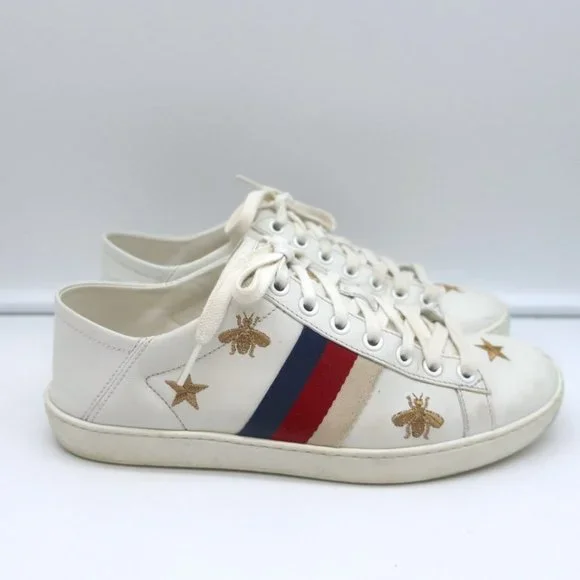 GUCCI ACE BEES & STARS EMBROIDERED SNEAKERS WHITE LEATHER SIZE 35.5 (Runs Large) - Picture 2 of 12